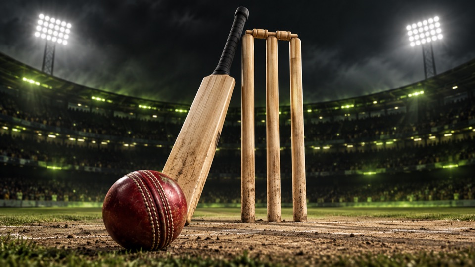 Illustration of a cricket bat, ball and wicket under stadium lights