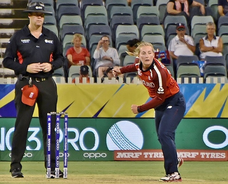 Sophie Ecclestone bowling for England at the 2020 Women’s T20 World Cup